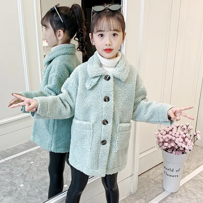 

Spring Winter Collar Button Girl Lapel Coat LongJackets Warm Clothing Kids Teenage Children Tops High Quality Lamb Wool