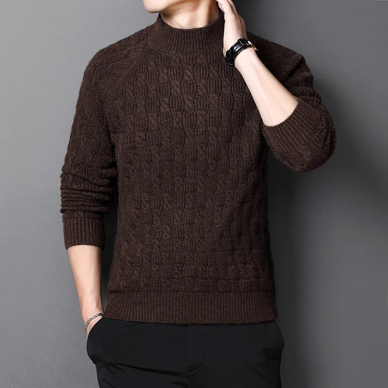 

Men 2021 Autumn Winter Fashion Solid Color Pullovers Men's Thicken Warm Knitted Tops Male Mock Neck Casual Sweater Tops O134