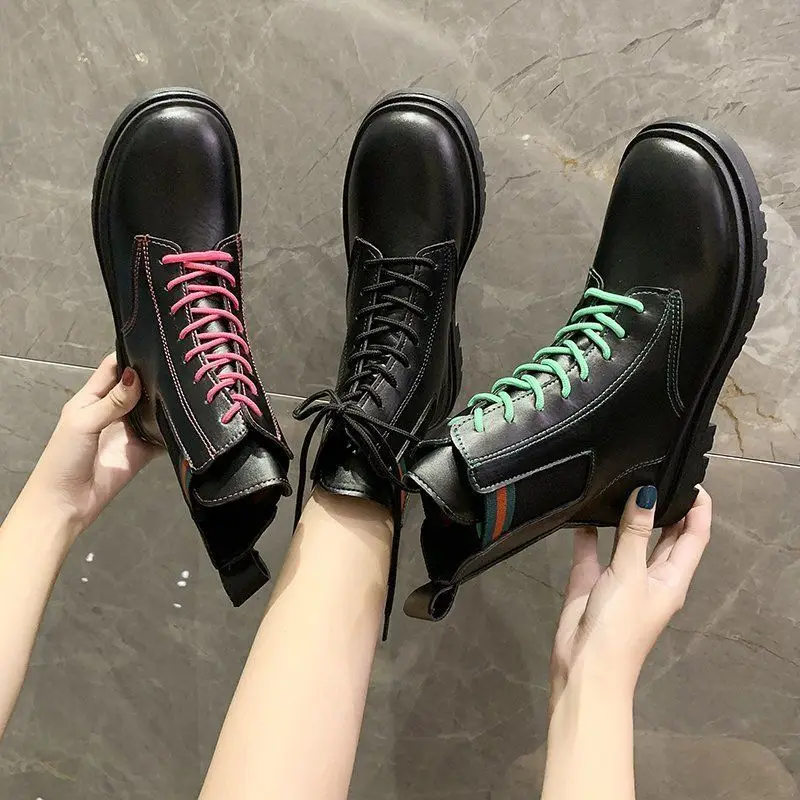 

Thick-soled Women's Martin Boots New Korean Style Lace-up British Style Knight Boots Mid-tube Color Matching Short Boots Women