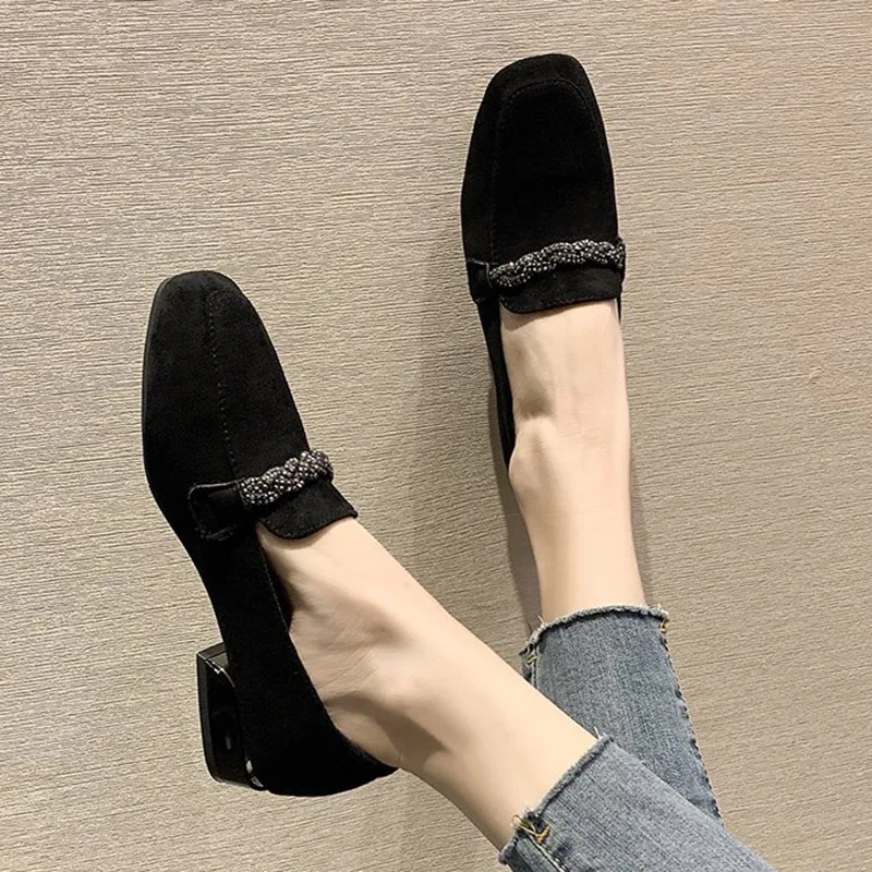 2020 Autumn Winter Women Loafers Low Heels Boat Shoes Square Toe Dress Chain Faux Suede Plush Warm Ladies 8409L | Обувь