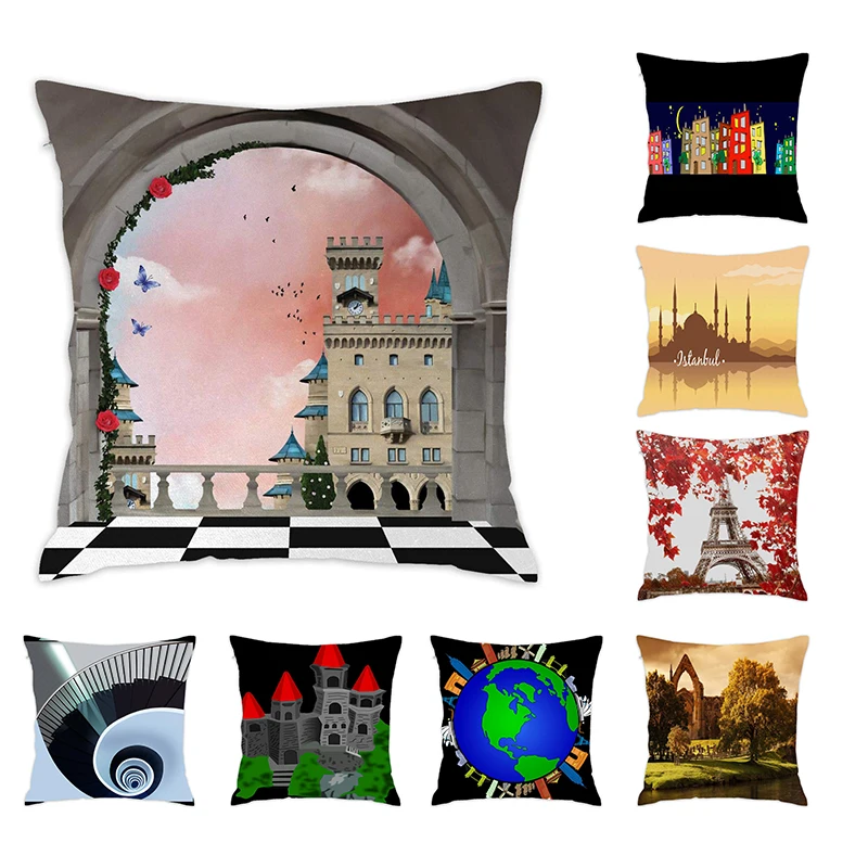 

[Douladou] Ancient Landscape Architecture Pillow Case for Bedroom Office Polyester Cushion Cover 24 Colors Available 45x45cm