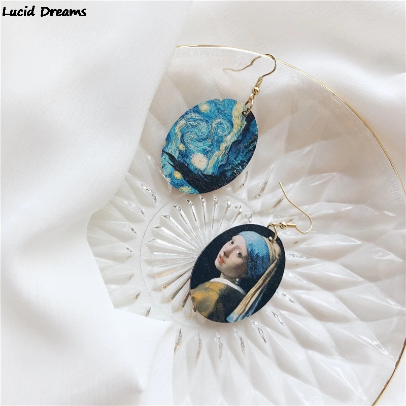 Retro Oil Painting Art Van Gogh Starry Night Mona Lisa Drop Earrings Vermee Women Wood Vintage Earrings Fashion Jewelry Bijoux