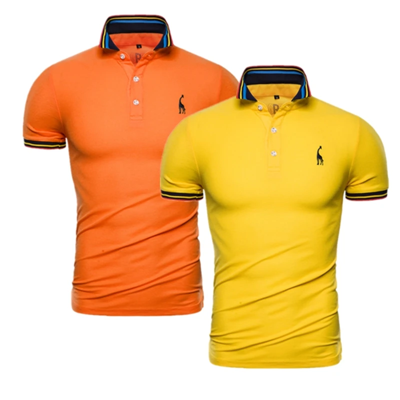 yellow-orange Фирменное Качество, 2 шт./лот, Мужская однотонная приталенная рубашка поло с вышитым оленем, Мужская Повседневная деловая рубашка поло, мужские топы с жирафом - Цвет: yellow-orange