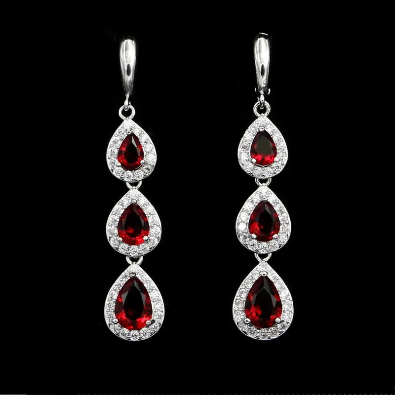 Женские длинные серьги капельки из серебра 925 пробы с красным кубическим