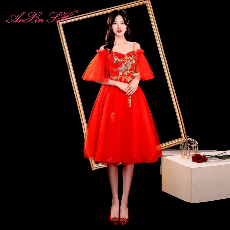 

AnXin SH princess golden flower red lace illusion evening dress party vintage boat neck half sleeve bride a line evening dress