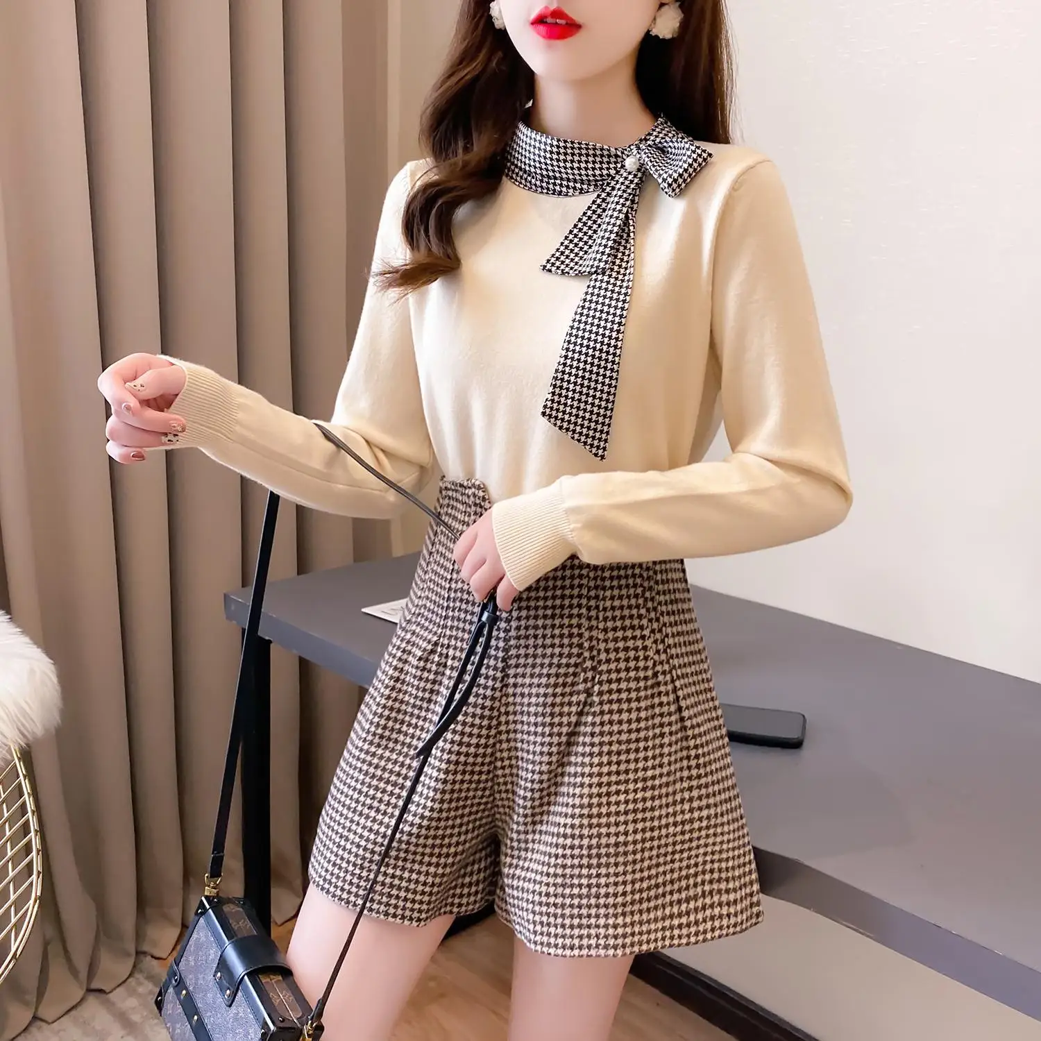 

light ripe royal elder sister fei han edition grid wind splicing favors sweater plover pants suit