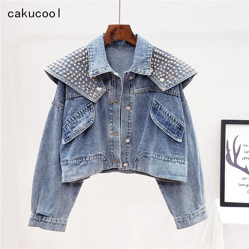 Cakucool Демисезонный для женщин Harajuku Заклепки джинсовая куртка пальто воротник