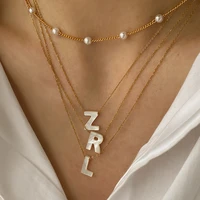 natural sea shell letter necklace thin chain initial necklaces for women pearl pendant layer necklace collier coquilla
