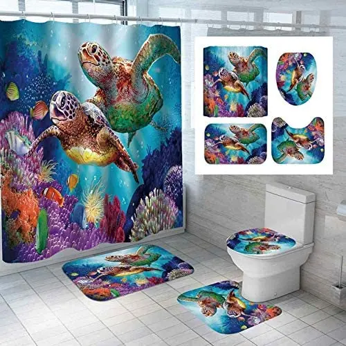 

Underwater World Sea Turtle Print Shower Curtain Carpet Cover Toilet Cover Bath Mat Pad Set Bathroom Curtain With 12 Hooks Home