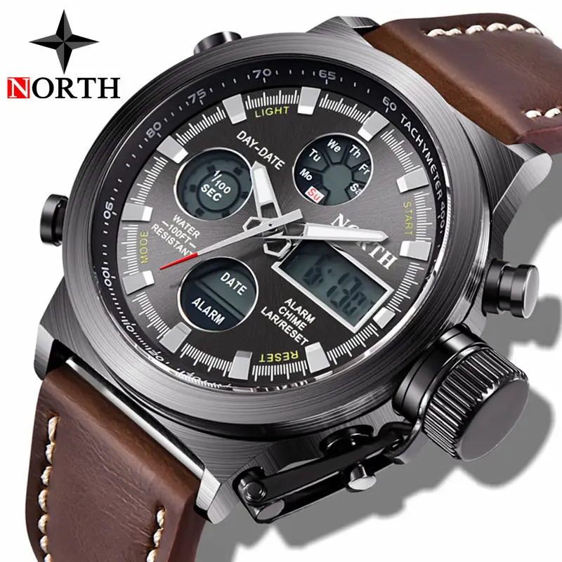 

Mens Watches Top Luxury Brand NORTH Men Leather Sport Watch Waterproof Quartz LED Digital Clock Man Army Military Wristwatches