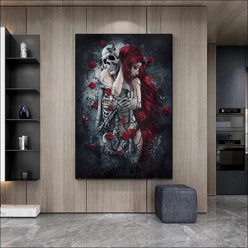 Настенная живопись с черепом красная роза холст картина длинными волосами
