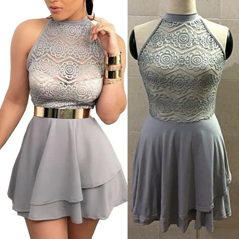 

Sexy Women Sleeveless Lace Stitching Perspective Dress Bodycon Cocktail Club Mini Dress NO Belt