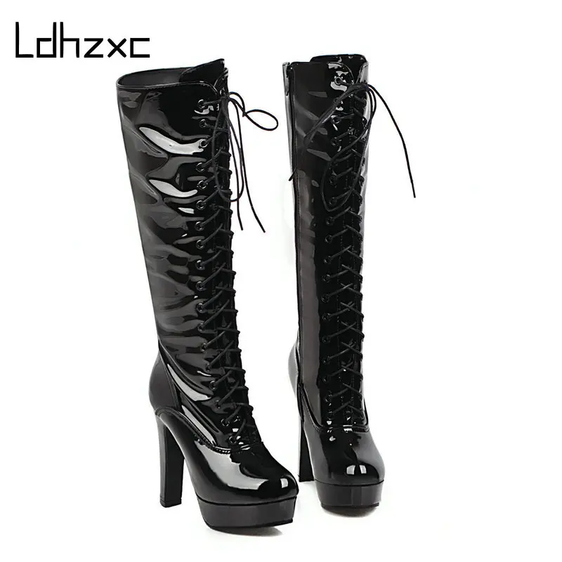 

LDHZXC Hot Sale Women Knee High Boots Round Toe High Heel Platform Boots Zip Lace Up Autumn Winter Party Prom Shoes Woman