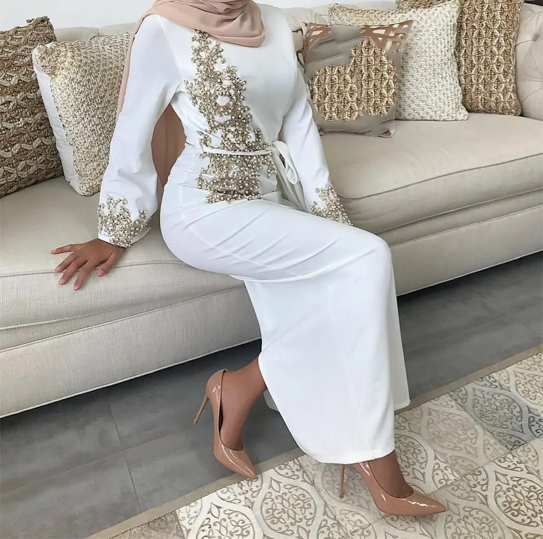 Dubai Slim Muslim Dress Women Lace Abaya Beading Applique Islamic Clothing Elegant | Женская одежда