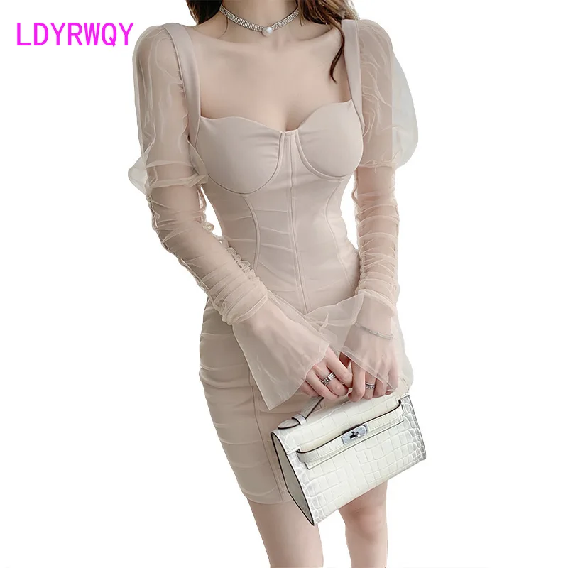 

Mesh long sleeve sexy Strapless sexy slim fit Hip Wrap Dress New Style Office Lady Sheath Zippers