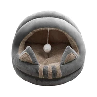 semi enclosed cat nest with pompom puppy pet bed four seasons soft warm cat house arctic velvet kennel for pet supplies