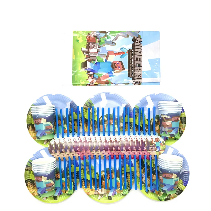 

For 20 People Mining Pixel Game Disposable Tableware Set Plate/Cup Adult Happy Birthday Party Decor Kids Wedding Birthday Supply