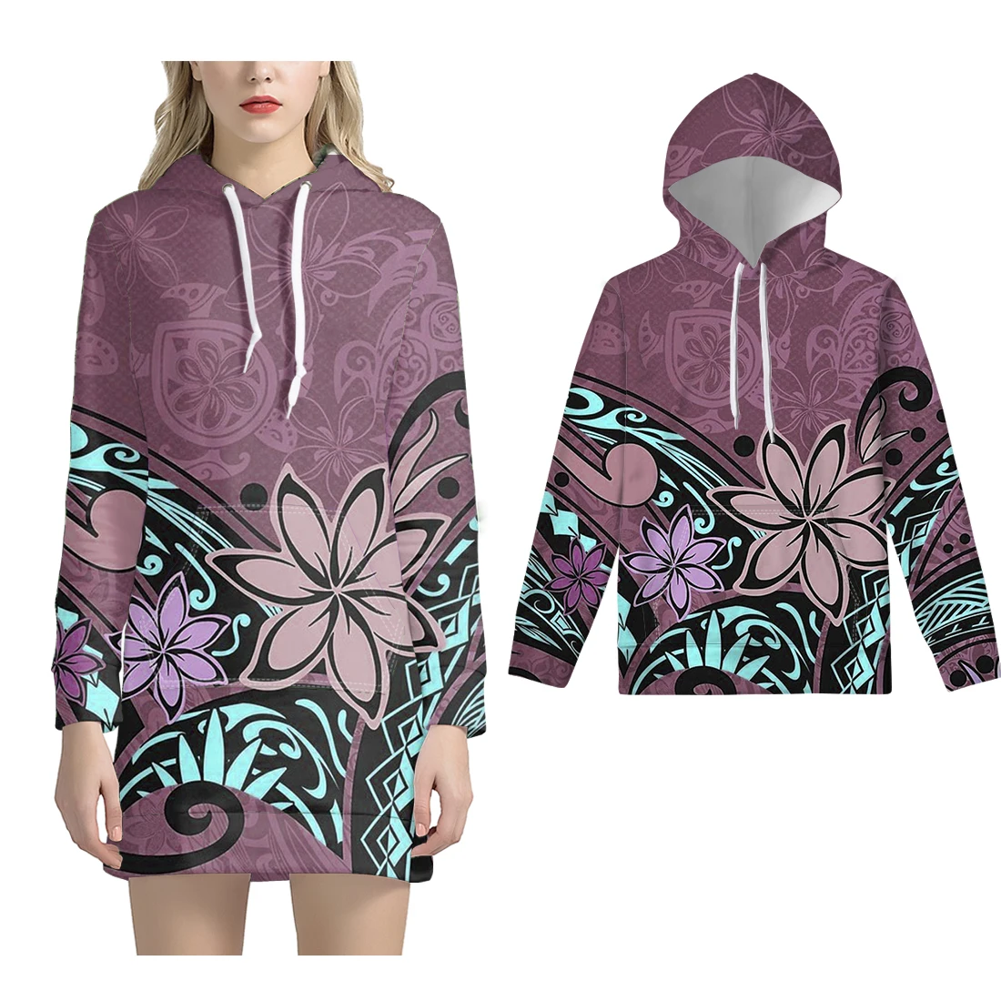 

NOISYDESIGNS Hoodies Teens Girls Pockets Sweatshirt Fashion Hibiscus Print Polynesian Women Pullover Hooed Dress Long Sleeve