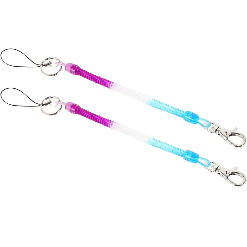 

New 2X Lobster Hook Purple Blue Spring Stretchy Coil Keyring Keychain Strap Rope Cord