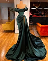 sexy dark green satin mermaid prom dresses 2022 spaghetti straps pleats seep train formal evening occasion pageant gowns