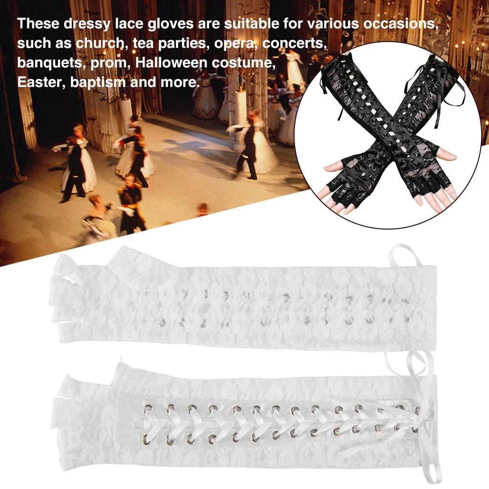 

1pair Women Fingerless Gloves Elegant For Wedding Portable Summer Costume Party Anti UV Lace Up Adjustable Long Elbow Arm Warmer