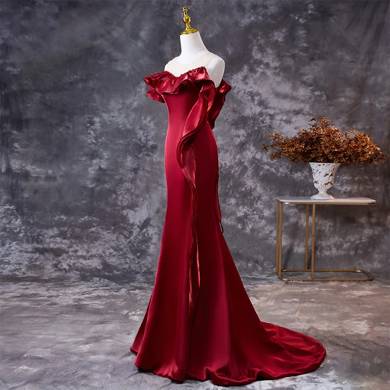 

Роскошное дизайнерское французское атласное привлекательное кружевное банкетное вечернее платье 2021, темпераментное облегающее красное п...