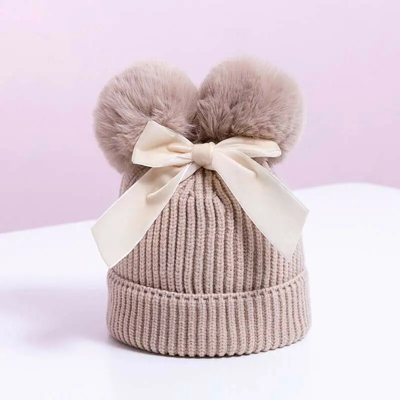 

2020 Baby Double Pompom Hat Winter Knitted Girl Warm Thicker Beanie Cap Bonnet