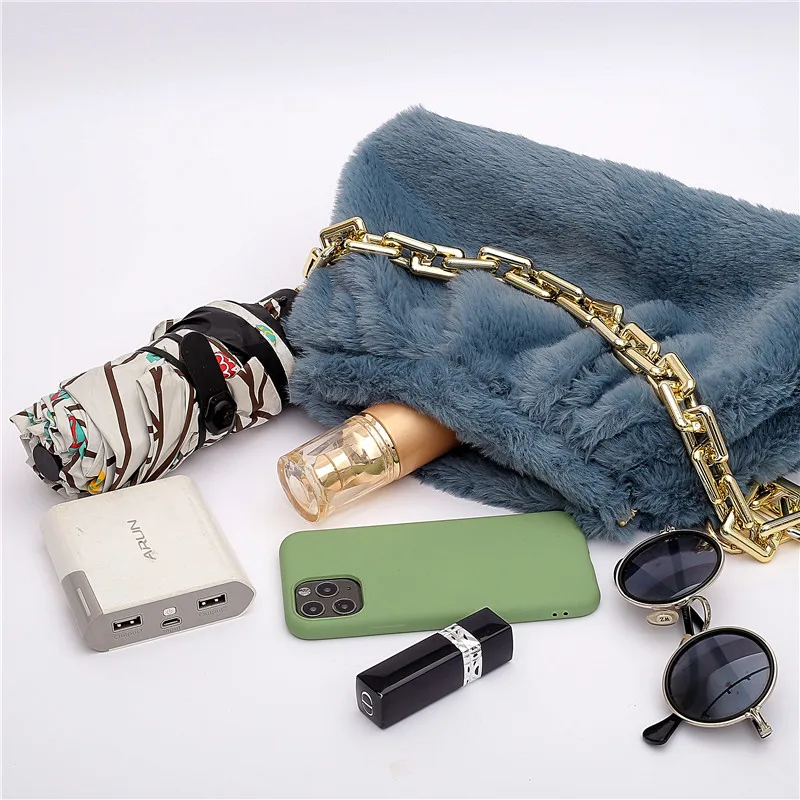 

Winter Style Fashion Faux Fur Women Tote Bags Fluffy Warn Plush Female Shoulder Bag Solid Color Pleated Clutch Lady Handbag Sac