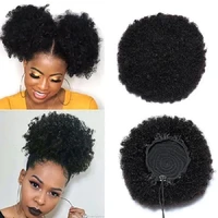 afro puff bun chignon hairpiece human hair africa american wrap drawstring ponytail kinky curly for women wig hairpiece clip in