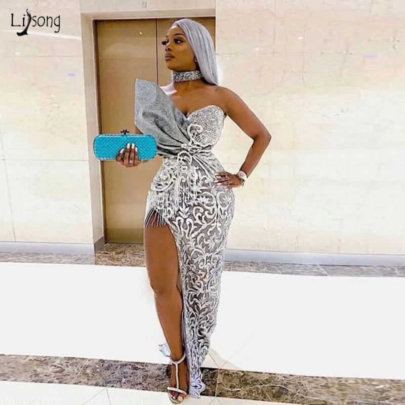 Арабское вечернее платье с высоким разрезом 2020 кружевное аппликацией для