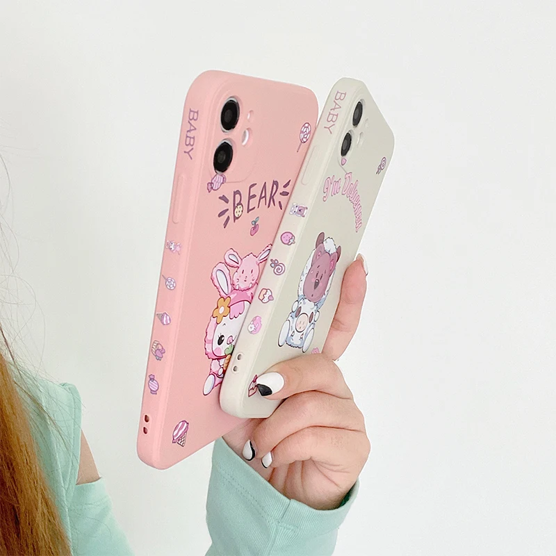 

Liquid silicone Cute Rabbit Bear Soft Case For iphone 12 11 Pro Max X XS MAX XR SE 2020 7 8 Plus Side Phone Cover Funda Coque