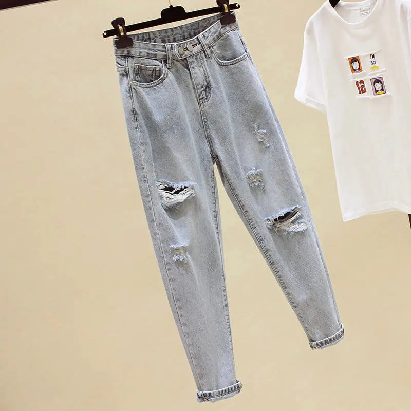 

New straight tube holed small high waist loose nine point Harem Pants jeans mujer woman