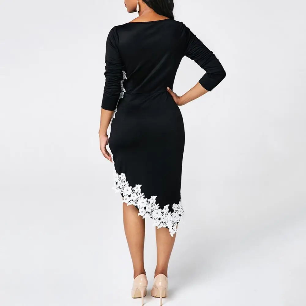 Hot Summer Elegant Casual Plus Size Women's Dress For Women 2022 3/4 Sleeve Lace Patchwork Irregular Hem Bodycon Pencil Dress