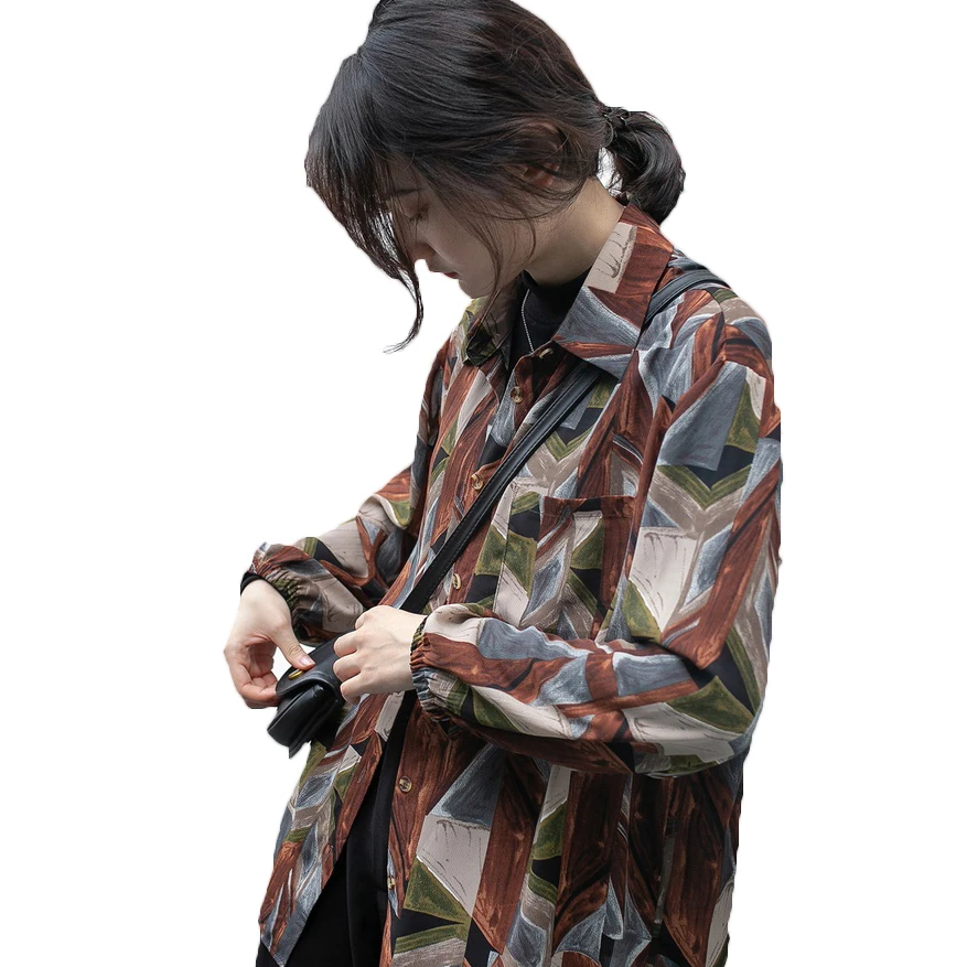 

Hong Kong style Printed Long-sleeved Shirt Jacket Female Spring Autumn Blouse Women Floral Shirts Retro Top 185b