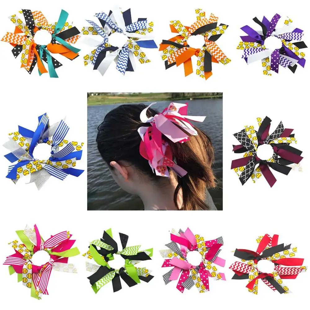 

free shipping 10pcs softball ribbon hair scrunchies ponytail holder Hair Streamers o pony hair ties sport bows