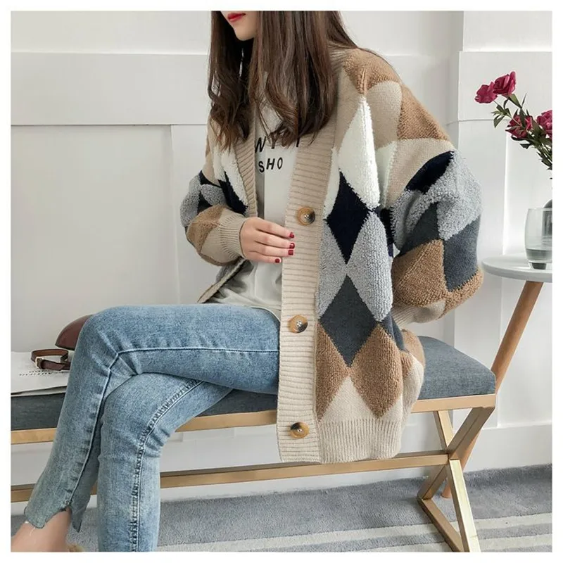 

Cardigan Sweater Women 's 2021 Spring And Autumn V-Neck Long Sleeve Retro Lazy Knitted Mid-Length Coat