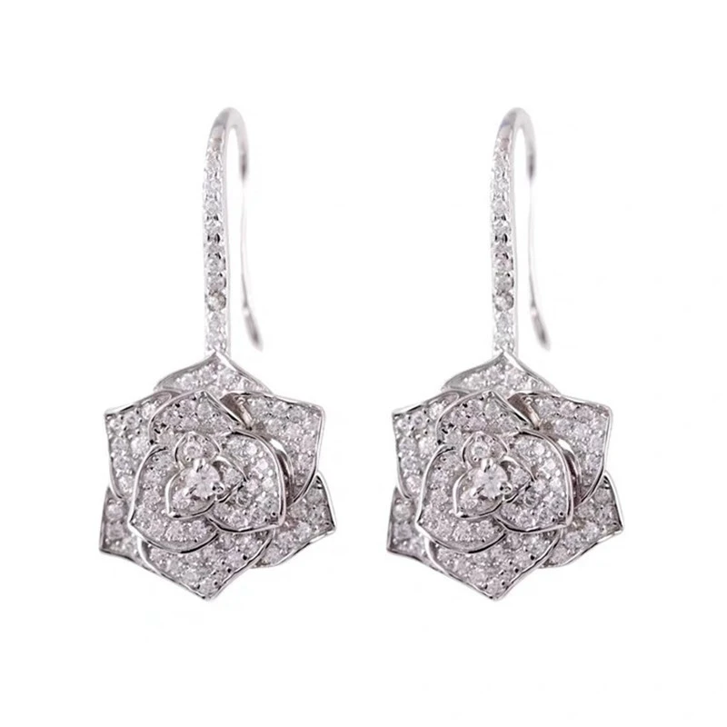 

Solid 925 Sterling Silver Camellia Flower Cuff Dangle Earring Micro AAA Zircon Stone Amour de Rose for Women Wedding Jewelry
