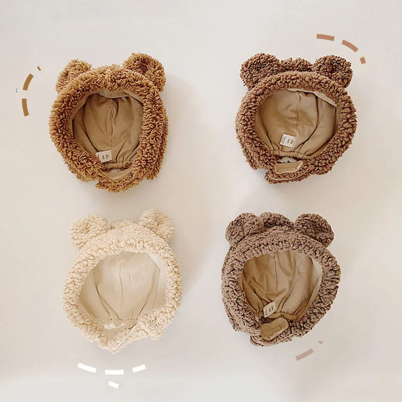 Меховая шапка теплая детская зимняя с ушками медведя кролика для мальчиков и