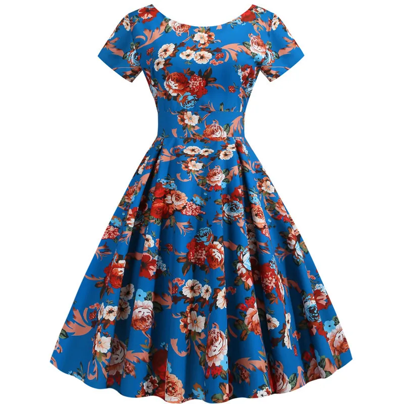 

Summer Floral Print Elegant A-line Party Dress Women Slim White Short Sleeve Swing Pin up Vintage Dresses Plus Size Robe Femme
