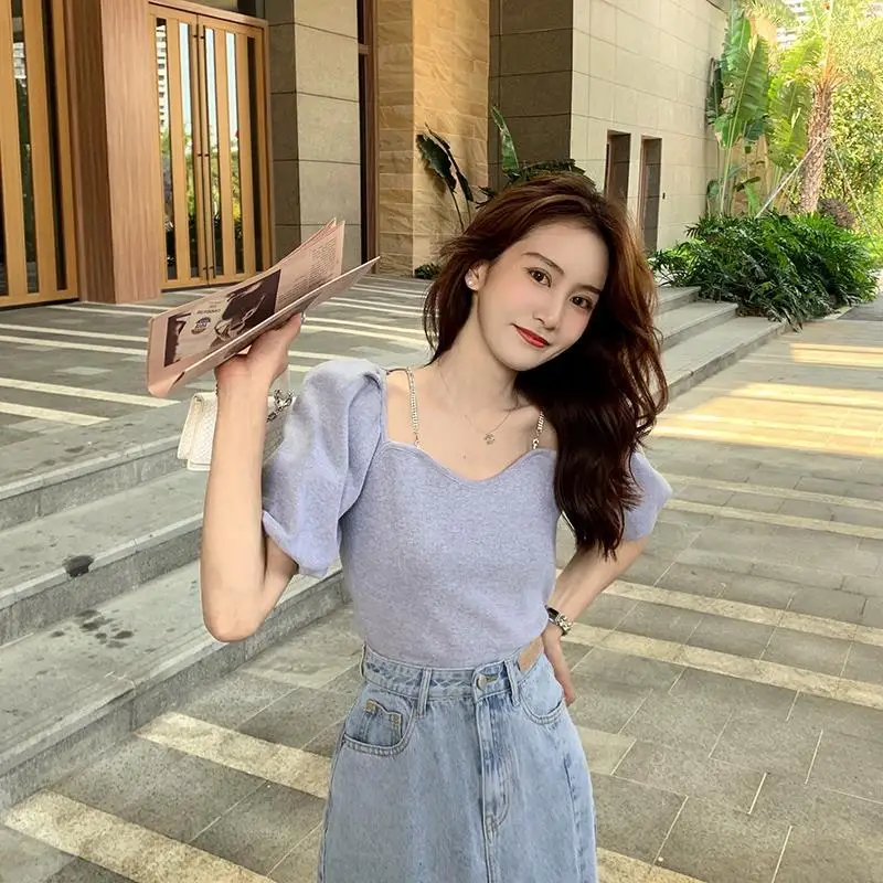 

Модная женская футболка из хлопка с коротким рукавом, осень 2021, Y2k, топы, Женская однотонная элегантная офисная блузка в Корейском стиле, Жен...