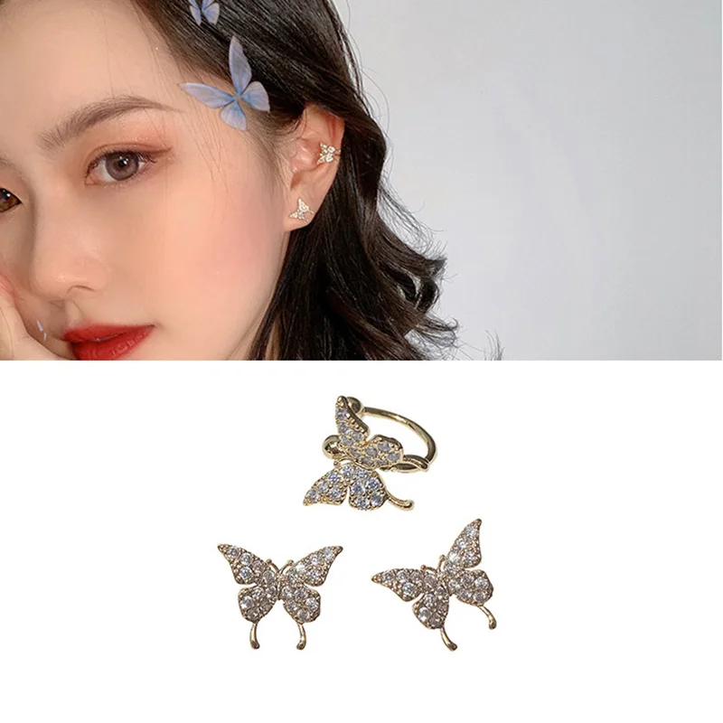 Новые женские серьги гвоздики золотого цвета со стразами и крыльями бабочки для
