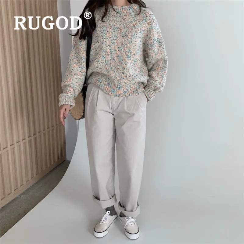 RUGOD зимний теплый цветной женский свитер с круглым вырезом и длинным рукавом, свободные мягкие вязаные пуловеры, Модные женские шикарные корейские Топы