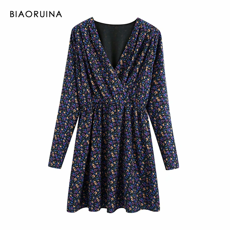 Женское платье с цветочным принтом BIAORUINA Повседневное глубоким v-образным
