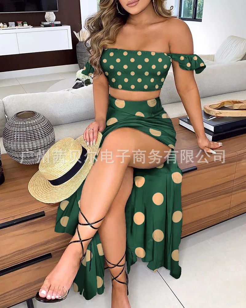 

Wepbel Women's Skirt Suit Polka Dots Green Short Off-Shoulder Flying Sleeves High Slit Elastic Waist Printed Skirt Overskirt