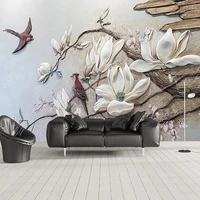 custom mural wallpaper 3d relief gypsum magnolia flower bird wall painting living room tv background wall decor papel de parede