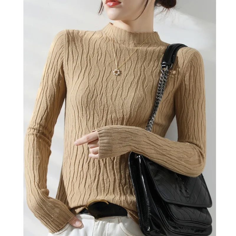 

Sweater Women Autumn Winter Half High Collar Jersey Mujer Solid Slim Pullover Women Knit Slim Long Sleeve Elasticity Pull Femme