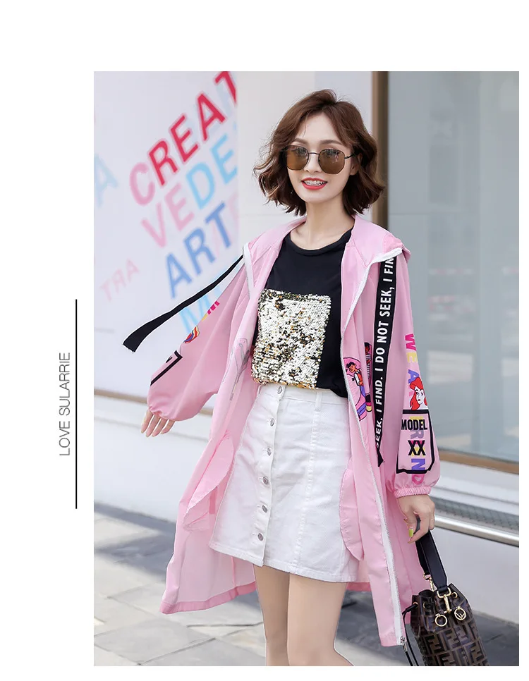 Розовый Тренч для девочек с героями мультфильмов свободная одежда капюшоном