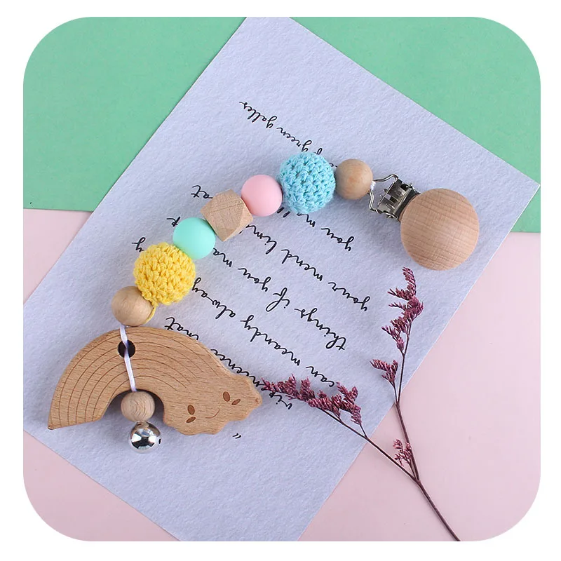 Kissteether 1 Uds beb&eacute; de madera mordedor de BPA libre haya roedor Crochet madera chupete de cuentas colgante campanas chupete cierre juguete para regalo-3