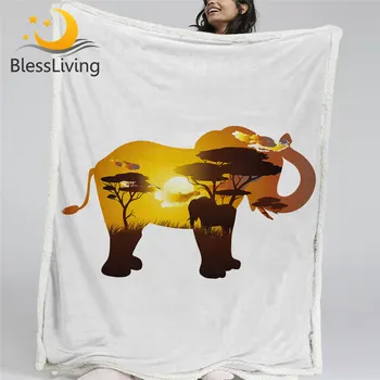 BlessLiving Elephant Sherpa Fleece Blanket 3D Print African Grassland Plush Bedspread Animal Bedding Cozy Thin Quilt Cute Koce 1