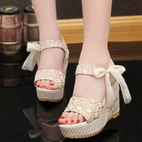 sandals for women with chunky sweet ribbon butterfly knot high heel shoes fish mouth casual waterproof platform slope women shoe